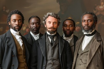 A historically styled image featuring five men dressed in 19th-century formal attire, standing together in a serious and thoughtful pose, reflecting a moment from a significant historical era