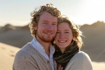 Obraz premium Portrait of a smiling couple in their 20s showing off a thermal merino wool top in serene dune landscape background