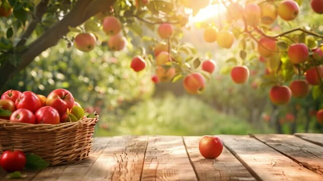 Fresh red apples in basket on rustic wooden table, against background of garden with fruit trees, summer and fall harvest concept