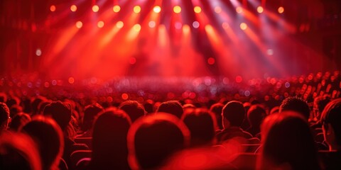 A vivid image capturing an energetic and vibrant concert audience immersed in red lighting, eagerly enjoying a live music performance in a large venue with beams of spotlights illuminating the scene
