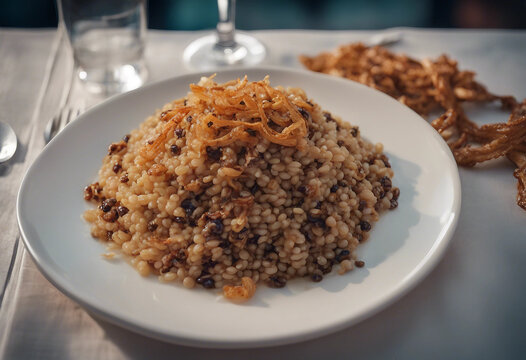 Mujadara with lentils, rice, and crispy onions on a white porcelain plate with a glass of Lebanese arak in a fine Lebanese restaurant
