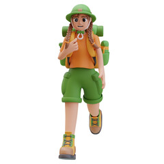 3d illustration of Camper Girl with Backpack Goes Forward. Adventure Concept, Outdoor Activity, Closer to Nature. Character design. 3d Render Illustration