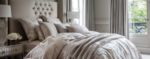 Sumptuous bedroom with a custom bed and luxurious bedding.