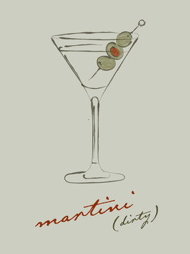 Dirty martini line illustration, wall art, digital drawing, bar poster, wall decor