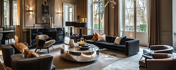 Stylish living room with contemporary furniture and a statement chandelier.