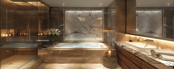 Glamorous bathroom with a spa tub and marble surfaces.