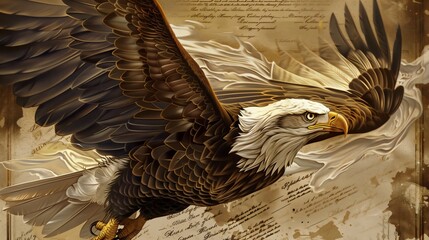 Soaring American eagle with bill of rights background celebrating Constitution Week, banner or wallpaper
