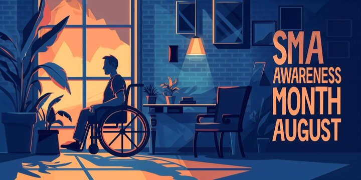SMA Awareness Month August, silhouette man in wheelchair with spinal muscular atrophy genetic condition, banner illustration