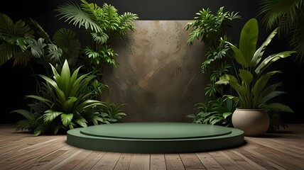 Tropical Jungle Podium: A 3D green podium surrounded by dense, vibrant jungle foliage and exotic plants, creating a lush, natural platform for product display