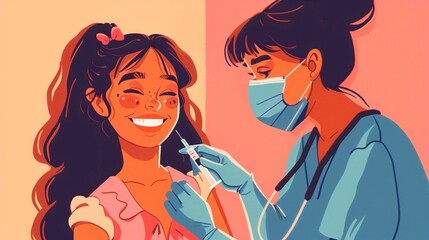 Illustration smiling girl receives vaccine from masked nurse healthcare worker, National Immunization Awareness Month