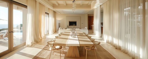 Coastal dining room with an empty table runner.