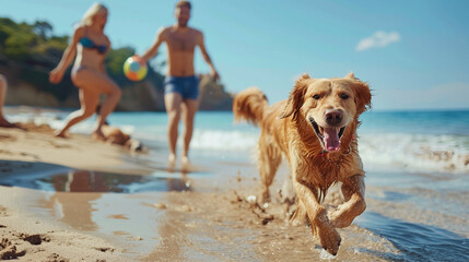 Pets and their owners enjoying summer activities together, such as playing fetch on the beach, swimming, or hiking, showcasing the human-animal bond