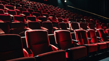 Fototapeta premium Empty red theater seats arranged in rows in a dimly lit auditorium, evoking a sense of anticipation for a performance or film screening