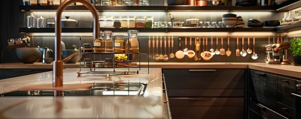 High-end kitchen with an empty copper spice rack.