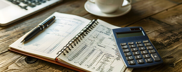 Open notebook with financial charts, calculator, and pen on rustic wooden table. Coffee cup. Office work, accounting, analysis tools.