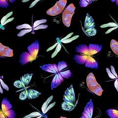 Bright dragonflies and butterflies.Vector pattern with bright fantasy dragonflies and butterflies on a black background.