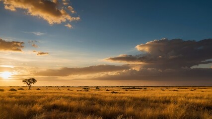 Fototapeta premium A captivating sunset over a tranquil savanna landscape with a solitary tree and expansive golden grassland, ideal for themes of nature and serenity