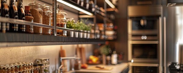High-end kitchen with an empty silver spice rack.