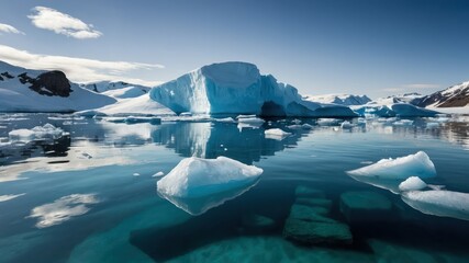 A breathtaking view of a massive iceberg floating in a serene, clear blue Arctic sea  Perfect for themes of nature, winter, exploration, and environmental beauty