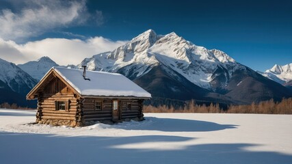 A cozy wooden cabin sits isolated in a snowy landscape with majestic mountain peaks in the background, ideal for a winter retreat or nature getaway