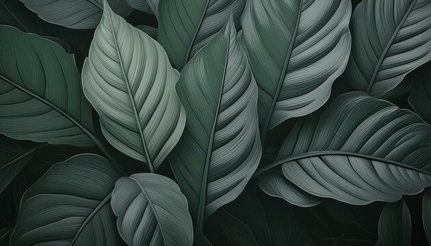 A captivating photo showcasing a background of lush leaves, embodying aesthetic minimalism. The wallpaper features a palette of dark sage colors, offering a serene and sophisticated vibe