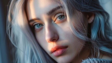 Fototapeta premium Close Up Portrait of Young Woman With Blue Hair and Green Eyes Looking Away From Camera During Golden Hour