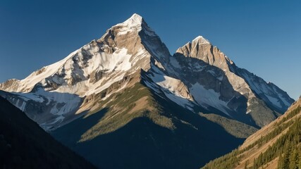 Majestic snow capped mountains under a clear sky, perfect for promoting adventure, hiking, travel, and the natural beauty of wilderness exploration