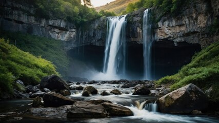A stunning landscape featuring a waterfall cascading into a stream surrounded by lush greenery, rocks, and a serene forest, perfect for nature lovers