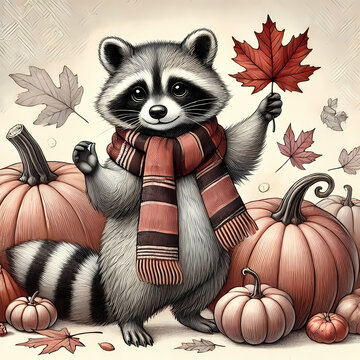 Cute Raccoon dacing with pumpkin