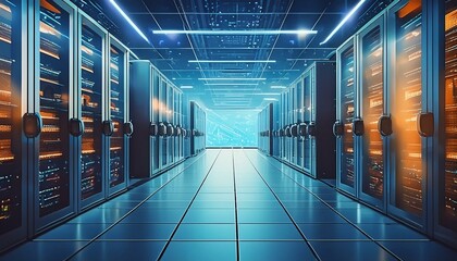 Advanced computer server room in a corporate business building, semiconductor servers, cloud servers 
