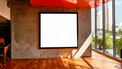 An empty poster frame in a modern office interior, on a concrete wall, with natural light from windows, concept of advertising space. Generative AI 