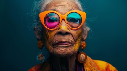 Portrait of an Elderly Woman Wearing Orange Sunglasses and Earrings Against a Teal Background