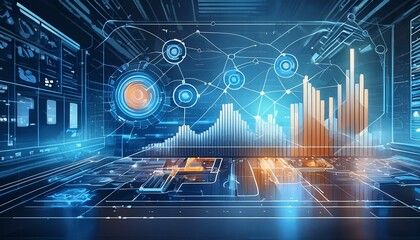 An illustration of business process automation concept, showcasing graphs for distribution analysis and consumption monitoring in a high-tech digital environment