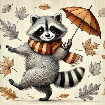 Cute Raccoon dacing with pumpkin