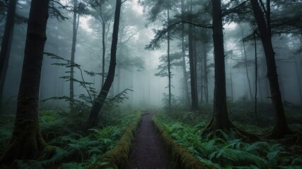 A misty forest pathway surrounded by tall trees and lush greenery, evoking a serene, mysterious atmosphere ideal for nature, adventure, and tranquil escapes