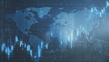 Creative glowing blue candlestick forex chart and map on blurry background. Financial growth, stock and exchange concept. 3D Rendering. 