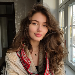 A close-up of a woman's radiant smile, highlighting her attractive features and serene surroundings