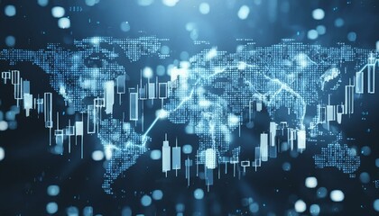 Creative glowing blue candlestick forex chart and map on blurry background. Financial growth, stock and exchange concept. 3D Rendering. 