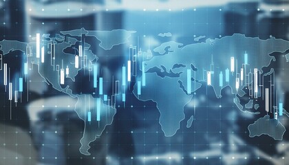 Creative glowing blue candlestick forex chart and map on blurry background. Financial growth, stock and exchange concept. 3D Rendering. 