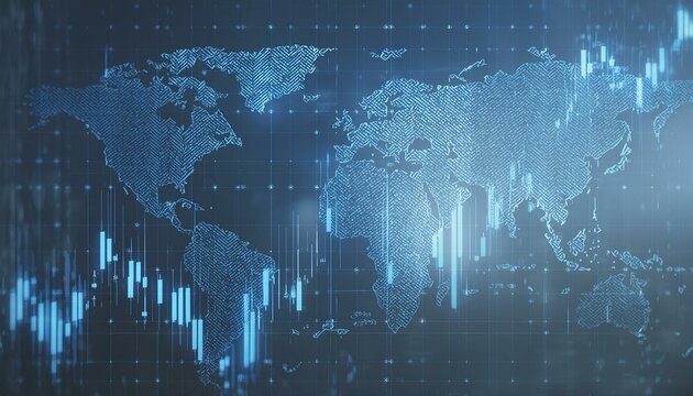 Creative glowing blue candlestick forex chart and map on blurry background. Financial growth, stock and exchange concept. 3D Rendering.  - Powered by Adobe