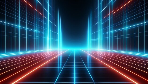 Cyan blue and red grids neon glow light grid backdrop design with creativity, virtual reality concept, hi-tech abstract backgroud 