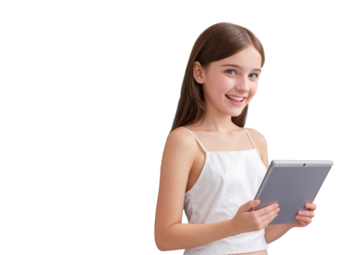 Transparent PNG young girl with long brown hair smiles as she holds a tablet computer against isolated white transparent background