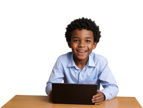 Young african american boy smiles while using tablet at a desk on isolated white transparent background
