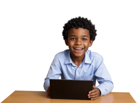 Young african american boy smiles while using tablet at a desk on isolated white transparent background