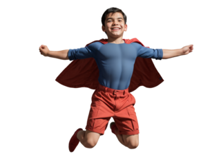 PNG young boy wearing superhero suite, red cape and blue shirt jumps in mid-air with his arms outstretched