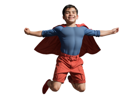 PNG young boy wearing superhero suite, red cape and blue shirt jumps in mid-air with his arms outstretched