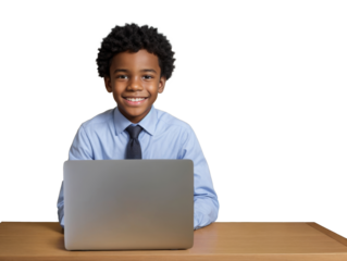 Cheerful african american boy smiles, sitting at a desk using laptop computer on isolated white transparent background