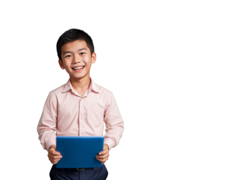 PNG young asian schoolboy, pink shirt, smiles and holds blue tablet in front of white isolated transparent background - Powered by Adobe
