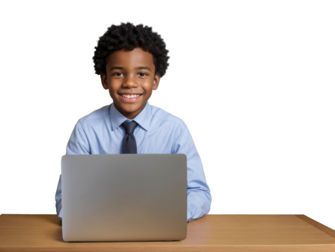 Cheerful african american boy smiles, sitting at a desk using laptop computer on isolated white transparent background
