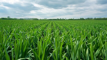 Fototapeta premium The Stunning Panoramic View Captures the Lush Wheat Field Stretching Out Under the Cloudy Sky, Creating a Serene and Peaceful Scenery